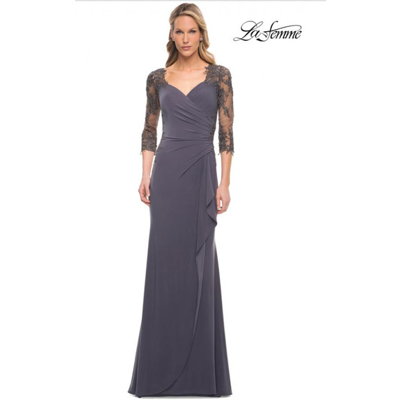 LA FEMME 30384 Ruched Twist Column Gown Size 12 Gunmetal Lace Net Jersey NWOT - Picture 1 of 12
